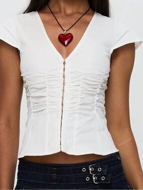 White Ruched Front Cap-Sleeve Top